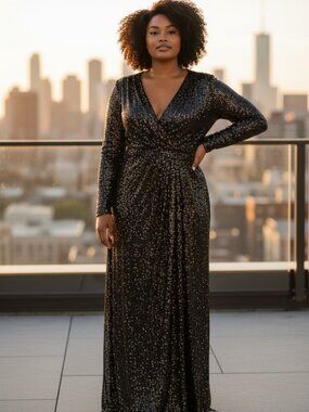 IEEEN BY MAC DUGGAL BLACK SEQUIN LONG SLEEVE MAXI DRESS SIZE 14